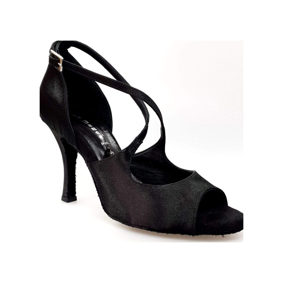 Sandalo donna Adriana di Wish Dance Shop in raso nero, con fodera in vera pelle, scarpa elegante e confortevole.