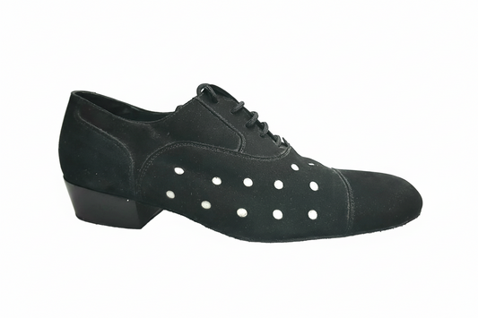 Scarpa da uomo Vasco Movida by WISH DANCE in camoscio nero con pois bianchi, elegante e confortevole, vista frontale.