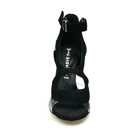 Sandalo Angela da donna in camoscio nero con parti in plexiglass e tacco alto a spillo largo, scarpe eleganti Wish Dance Shop
