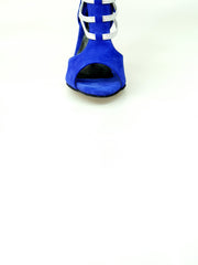 Load image into Gallery viewer, Tatyana (460PW) - Woman's Sandal in Royal Blue Suede with Silver Elastics and Silver Laminated Stiletto Heel