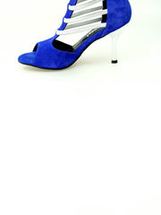 Load image into Gallery viewer, Tatyana (460PW) - Woman's Sandal in Royal Blue Suede with Silver Elastics and Silver Laminated Stiletto Heel