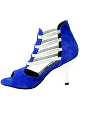 Load image into Gallery viewer, Tatyana (460PW) - Woman's Sandal in Royal Blue Suede with Silver Elastics and Silver Laminated Stiletto Heel