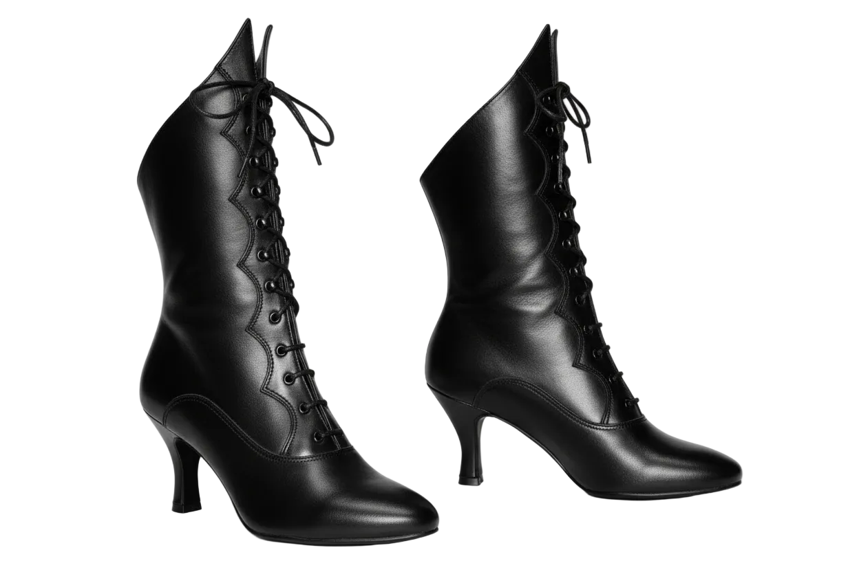Stivali in pelle nera Wish Dance Shop, D-3 Pairè, con chiusura frontale e alamari a stringhe, stile elegante e robusto.