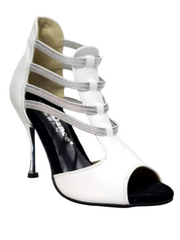 Carica immagine nella Galleria, MILITE Silver (460PW) - Sandalo da Donna in Pelle Bianca con Elastici Argento e Tacco a spillo laminato Argento