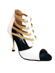 Carica immagine nella Galleria, MILITE Gold (460PW) - Sandalo da Donna in Pelle Bianca con Elastici Oro e Tacco a spillo Laminato Oro Wish Dance Shop