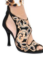 Carica immagine nella Galleria, Desiré SW - Sandalo da Donna in Camoscio Nero Inserto Raso Seta Bronzo con Swarovski Boreali Wishdance