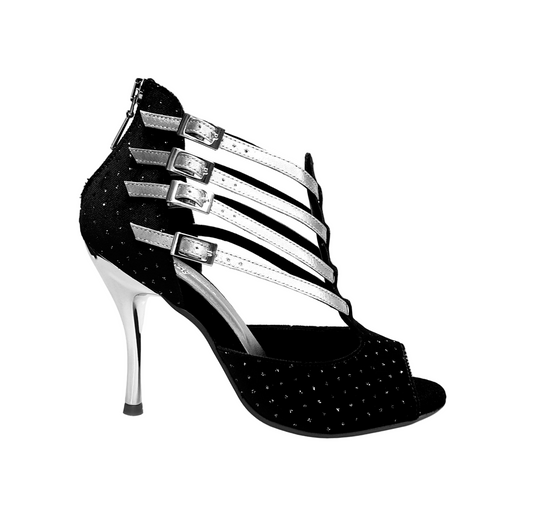 Scarpa da Donna in Velluto Nero e Punti Luce Boreali e Cinturini in Lurex Argento Lussuria Wish Dance, vista laterale