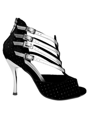 Carica immagine nella Galleria, Lussuria (779) - Scarpa da Donna in Velluto Nero e Punti Luce Boreali e Cinturini in Lurex Argento con Tacco a Spillo Laminato Argento