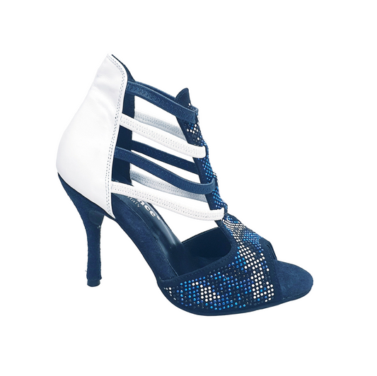 Sandalo donna Wish Dance Shop Viper Blu/White con camoscio blu, borchiette bianche e nere, Swarovski blu, elastici bianchi e blu, tacco rivestito.