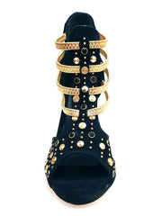 Carica immagine nella Galleria, Swann Elizabeth Pirata (460PW) - Sandalo da Donna in Camoscio Nero con Borchie Oro e Swarovski Neri Incastonati elastici Oro e tacco a stiletto squadrato laminato Oro