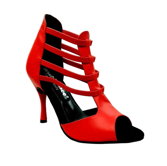 Sandalo in pelle rossa Diabla Roja (460PW) con elastici rossi e tacco a spillo rivestito in pelle, scarpe Wish Dance Shop