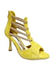 Carica immagine nella Galleria, GIOVANNA (460ZIP PW) - Sandalo da Donna in Camoscio Giallo con zip ed elastici Oro Tacco a Rocchetto Slim