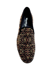 Load image into Gallery viewer, CURTIS Leopard Brown (800PJ) - Mocassino da Uomo in Camoscio nero con Swarovski neri borchiette marrone e Oro Maculata Livrea Leopardo