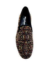 Carica immagine nella Galleria, Leopard Brown (800PJ) - Mocassino da Uomo in Camoscio nero con Swarovski neri borchiette marrone e Oro Maculata Livrea Leopardo