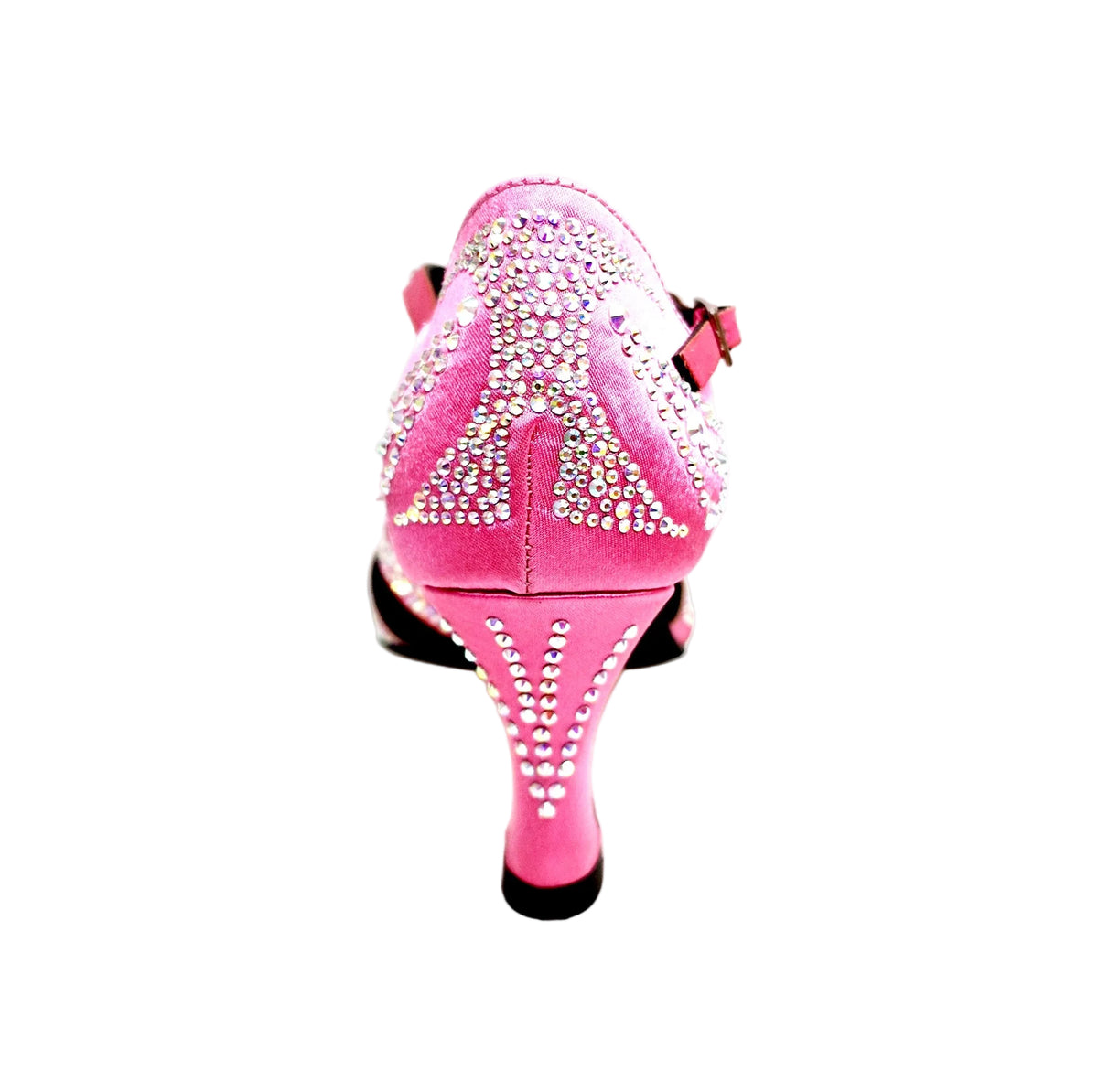 Scarpa da ballo in raso seta rosa fuxia ALESSIA Superb (L1) con Swarovski Boreali e tacco a rocchetto, vista frontale.