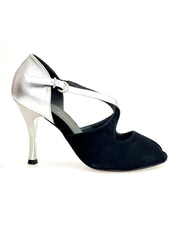 Load image into Gallery viewer, DANY Black F.3407 (R.L. by WISH DANCE ) - Camoscio Nero Tallone Pelle Argento Tacco a Rocchettino a Stiletto Laminato Argento