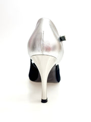 Load image into Gallery viewer, DANY Black F.3407 (R.L. by WISH DANCE ) - Camoscio Nero Tallone Pelle Argento Tacco a Rocchettino a Stiletto Laminato Argento