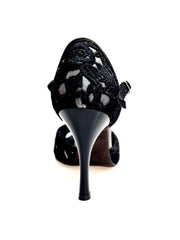 Load image into Gallery viewer, CATE/BO Black (R.L. by WISH DANCE) - Sandalo da donna in camoscio nero e Pizzo Sally Nero con Tacco a Rocchettino Smaltato nero