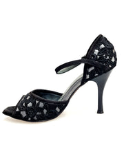 Load image into Gallery viewer, CATE/BO Black (R.L. by WISH DANCE) - Sandalo da donna in camoscio nero e Pizzo Sally Nero con Tacco a Rocchettino Smaltato nero