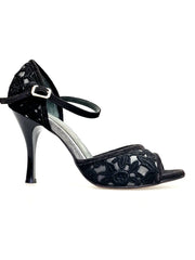 Load image into Gallery viewer, CATE/BO Black (R.L. by WISH DANCE) - Sandalo da donna in camoscio nero e Pizzo Sally Nero con Tacco a Rocchettino Smaltato nero