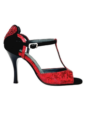 Load image into Gallery viewer, BELL/C Plus Red Cuore SW Red F.3407 (R.L. by WISH DANCE) - Sandalo da donna in camoscio nero e Cuore di Swarovski Rosso e Galleria Rosso con Tacco a Rocchettino Smaltato nero