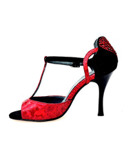 Load image into Gallery viewer, BELL/C Plus Red Cuore SW Red F.3407 (R.L. by WISH DANCE) - Sandalo da donna in camoscio nero e Cuore di Swarovski Rosso e Galleria Rosso con Tacco a Rocchettino Smaltato nero