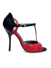 Load image into Gallery viewer, BELL Red/Black (R.L. by WISH DANCE) - Sandalo da donna in camoscio nero e Galleria Rosso con Tacco Alto a Spillo Sottile Smaltato nero