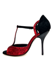 Load image into Gallery viewer, BELL Red/Black (R.L. by WISH DANCE) - Sandalo da donna in camoscio nero e Galleria Rosso con Tacco Alto a Spillo Sottile Smaltato nero