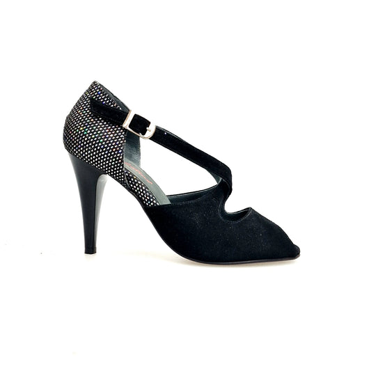 Scarpe donna Wish Dance DANY Black F.3407 con tacco a spillo, camoscio nero e dettagli multicolor sul tallone in tessuto.