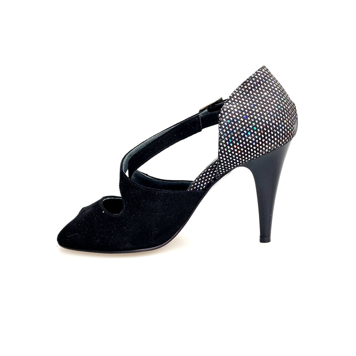 Avanti Camoscio Nero Tallone Tessuto Rachele Boreale multicolor Tacco a spillo largo Smaltato nero DANY, vista tre quarti