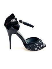 Load image into Gallery viewer, BRUNA/BO SW F.626 (R.L. by WISH DANCE) - Sandalo da donna Tallone in camoscio nero con applicazione Swarovski Boreali e Vernice nera Tomaia Pizzo Sally Nero con Tacco a Spillo Smaltato nero