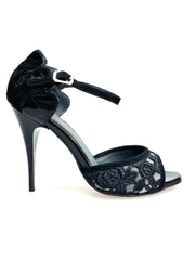Load image into Gallery viewer, BRUNA/BO SW F.626 (R.L. by WISH DANCE) - Sandalo da donna Tallone in camoscio nero con applicazione Swarovski Boreali e Vernice nera Tomaia Pizzo Sally Nero con Tacco a Spillo Smaltato nero