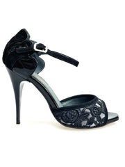Load image into Gallery viewer, BRUNA/BO SW F.626 (R.L. by WISH DANCE) - Sandalo da donna Tallone in camoscio nero con applicazione Swarovski Boreali e Vernice nera Tomaia Pizzo Sally Nero con Tacco a Spillo Smaltato nero