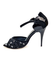Load image into Gallery viewer, BRUNA/BO SW F.626 (R.L. by WISH DANCE) - Sandalo da donna Tallone in camoscio nero con applicazione Swarovski Boreali e Vernice nera Tomaia Pizzo Sally Nero con Tacco a Spillo Smaltato nero