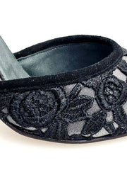 Load image into Gallery viewer, CATE/BO Black (R.L. by WISH DANCE) - Sandalo da donna in camoscio nero e Pizzo Sally Nero con Tacco a Rocchettino Smaltato nero