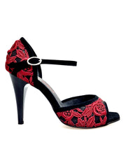 Load image into Gallery viewer, CATE/BO Red F.626 (R.L. by WISH DANCE) - Sandalo da donna in camoscio nero e Pizzo Sally Rosso Granada con Tacco a Spillo largo Smaltato nero