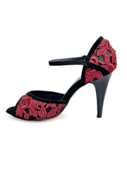 Load image into Gallery viewer, CATE/BO Red F.626 (R.L. by WISH DANCE) - Sandalo da donna in camoscio nero e Pizzo Sally Rosso Granada con Tacco a Spillo largo Smaltato nero