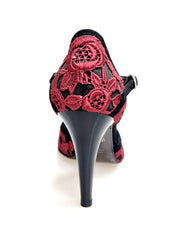 Load image into Gallery viewer, CATE/BO Red F.626 (R.L. by WISH DANCE) - Sandalo da donna in camoscio nero e Pizzo Sally Rosso Granada con Tacco a Spillo largo Smaltato nero