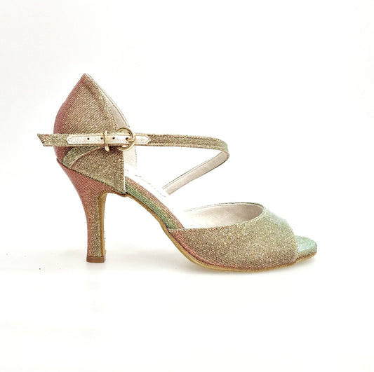 Sandalo donna Wish Dance Luna N/Oro F.533 in tessuto multicolor con tacco rivestito in oro, dettaglio elegante e raffinato