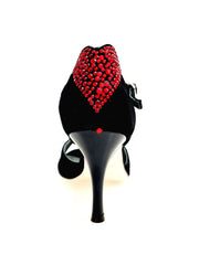 Carica immagine nella Galleria, BELL/C Plus Black Cuore SW Red F.3407 (R.L. by WISH DANCE) - Sandalo da donna in camoscio nero e Cuore di Swarovski Rosso con Tacco a Rocchettino Smaltato nero