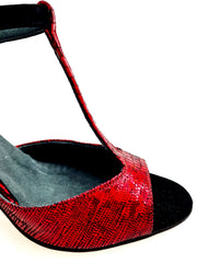 Load image into Gallery viewer, BELL Red/Black (R.L. by WISH DANCE) - Sandalo da donna in camoscio nero e Galleria Rosso con Tacco Alto a Spillo Sottile Smaltato nero