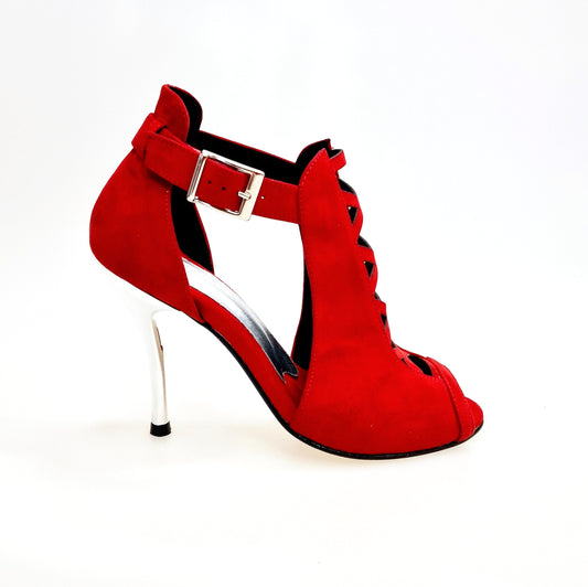 Scarpa da Donna in Camoscio Rosso Vivo inserto collopiede in Camoscio Rosso Vivo Tacco a Spillo Laminato, vista laterale