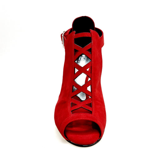 Scarpa da Donna in Camoscio Rosso e Tacco a Stiletto Squadrato Sottile in Alluminio Laminato Argento DINKA, vista laterale