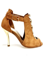 Load image into Gallery viewer, DINKA (2304) - Scarpa da Donna in Camoscio Cognac inserto collopiede in Glitter Oro Light Tacco a Spillo Laminato Oro