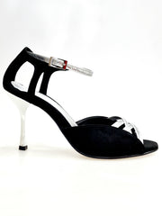 Load image into Gallery viewer, Morgane Scarlett (691) - Sandalo da Donna in Camoscio Nero con Fascette in Glitter Argento e Tacco a Stiletto laminato argento