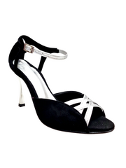 Carica immagine nella Galleria, Morgane Scarlett (691) - Sandalo da Donna in Camoscio Nero con Fascette in Glitter Argento e Tacco a Stiletto laminato argento