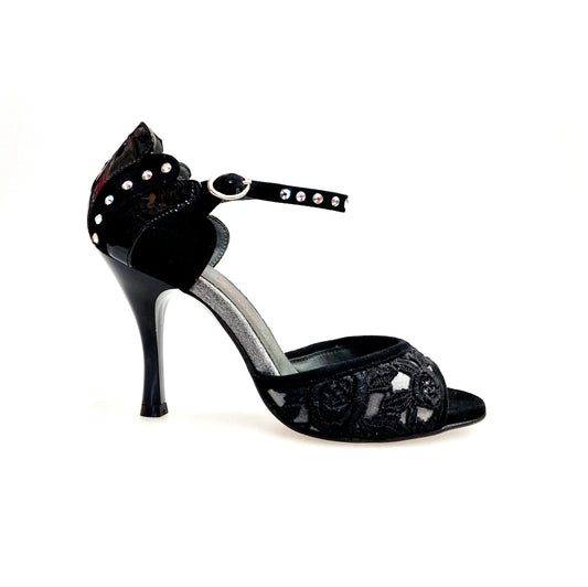 Sandalo donna Wish Dance BRUNA/BO Sw Plus F.3407 con tacco in camoscio nero, Swarovski Boreali, tomaia in pizzo Sally nero.