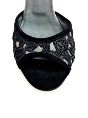 Load image into Gallery viewer, BRUNA/BO Sw Plus F.3407 (R.L. by WISH DANCE) - Sandalo da donna Tallone in camoscio nero con applicazione Swarovski Boreali e Vernice nera Tomaia Pizzo Sally Nero con Tacco a Rocchettino Smaltato nero