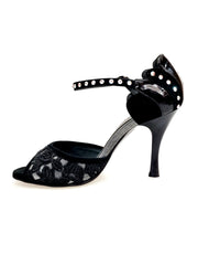 Load image into Gallery viewer, BRUNA/BO Sw Plus F.3407 (R.L. by WISH DANCE) - Sandalo da donna Tallone in camoscio nero con applicazione Swarovski Boreali e Vernice nera Tomaia Pizzo Sally Nero con Tacco a Rocchettino Smaltato nero