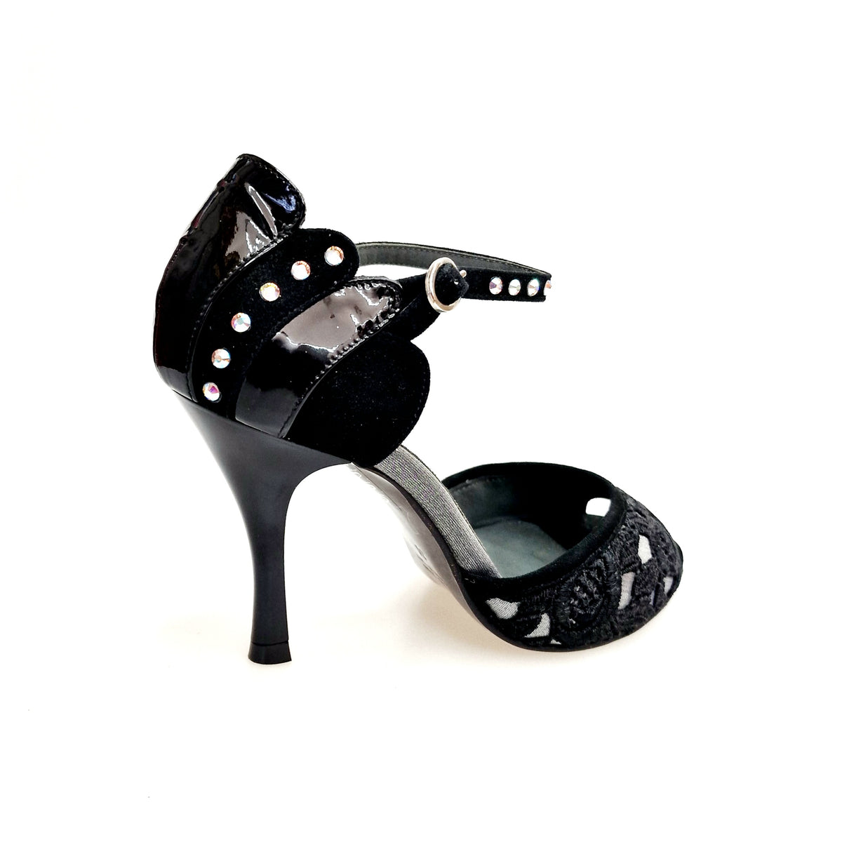 Sandalo donna Wish Dance BRUNA/BO Sw Plus F.3407 con tacco in camoscio nero, Swarovski Boreali e tomaia in pizzo Sally nero.